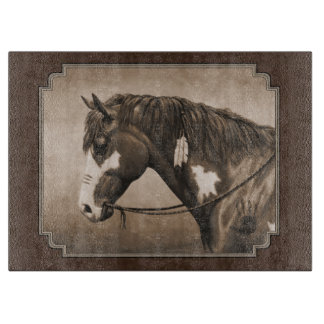 Native American Pinto War Horse in Sepia Cutting Board
