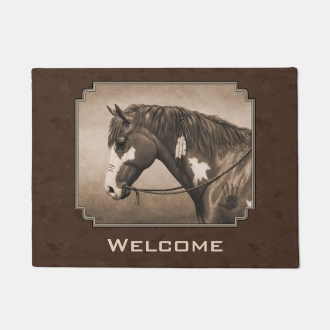 Native American Pinto War Horse in Sepia Doormat (Front)