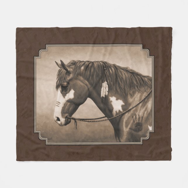 Native American Pinto War Horse in Sepia Fleece Blanket (Front (Horizontal))