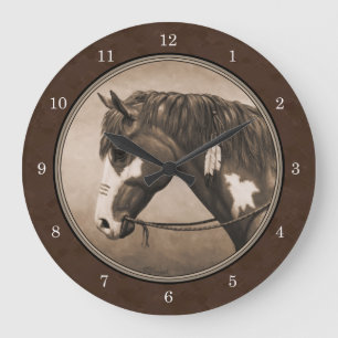 Native American Pinto War Horse in Sepia Large Clock