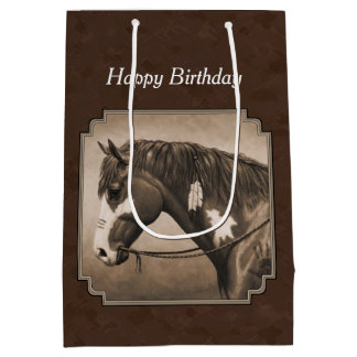 Native American Pinto War Horse in Sepia Medium Gift Bag