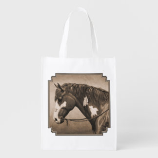 Native American Pinto War Horse in Sepia Reusable Grocery Bag