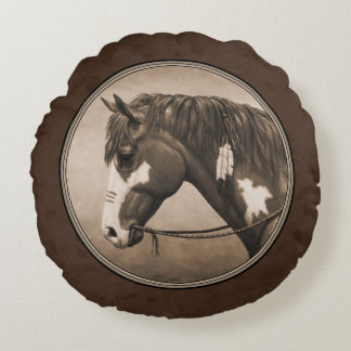 Native American Pinto War Horse in Sepia Round Pillow