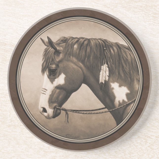 Native American Pinto War Horse in Sepia Sandstone Coaster (Front)