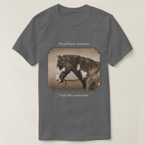 Native American Pinto War Horse in Sepia T_Shirt