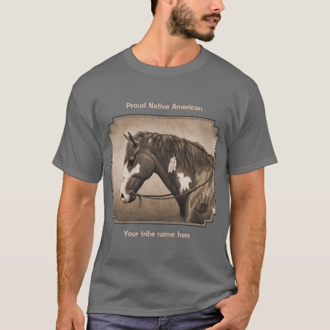 Native American Pinto War Horse in Sepia T-Shirt (Front)