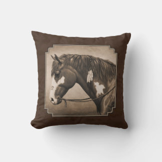 Native American Pinto War Horse in Sepia Throw Pillow