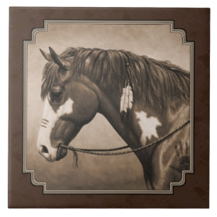 Native American Pinto War Horse in Sepia Tile