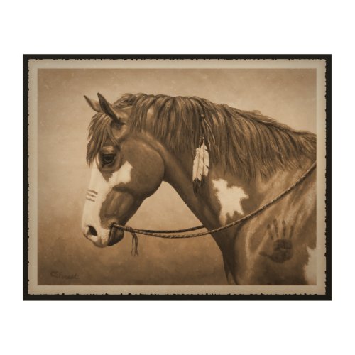 Native American Pinto War Horse in Sepia Wood Wall Art