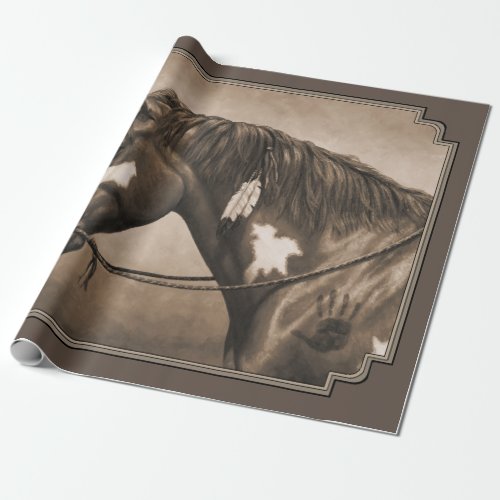 Native American Pinto War Horse in Sepia Wrapping Paper