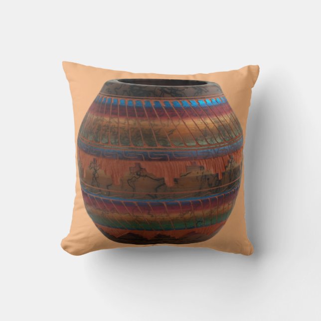 Native American Pottery terracotta blue red green Throw Pillow (Front)
