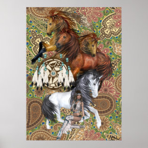 Native American Princess and Wild Stallions Poster