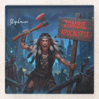 Native American Princess in Zombie Apocalypse Glass Coaster
