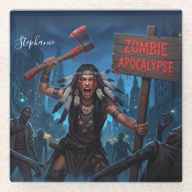 Native American Princess in Zombie Apocalypse Glass Coaster (Front)