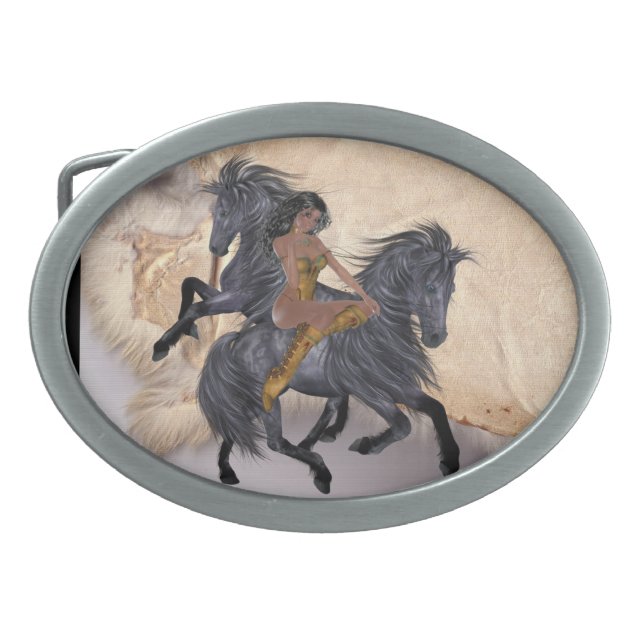 Native American Princess Stallion Design Belt Buck Oval Belt Buckle (Front)