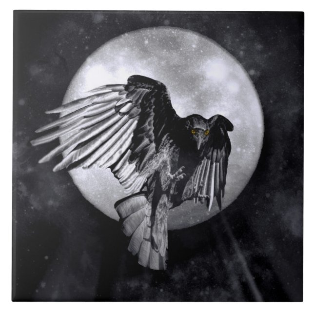 Native American Raven or Crow and Moon Ceramic Tile (Front)