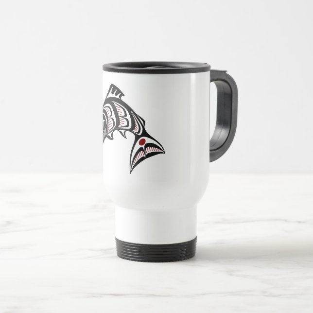 Native American Red Black Art Haida Salmon Travel Mug (Front Right)