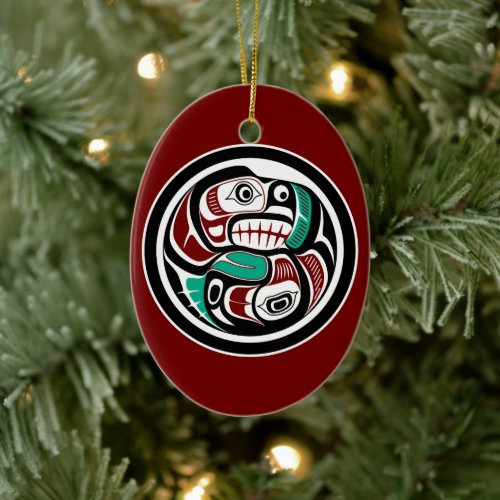 Native American Red Black Art Otter Salmon Ceramic Ornament