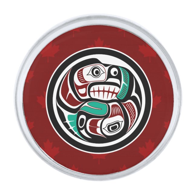 Native American Red Black Art Otter Salmon Silver Finish Lapel Pin (Front)