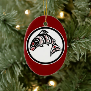 Native American Red Black Art Vector Salmon Ceramic Ornament