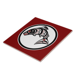 Native American Red Black Art Vector Salmon Ceramic Tile