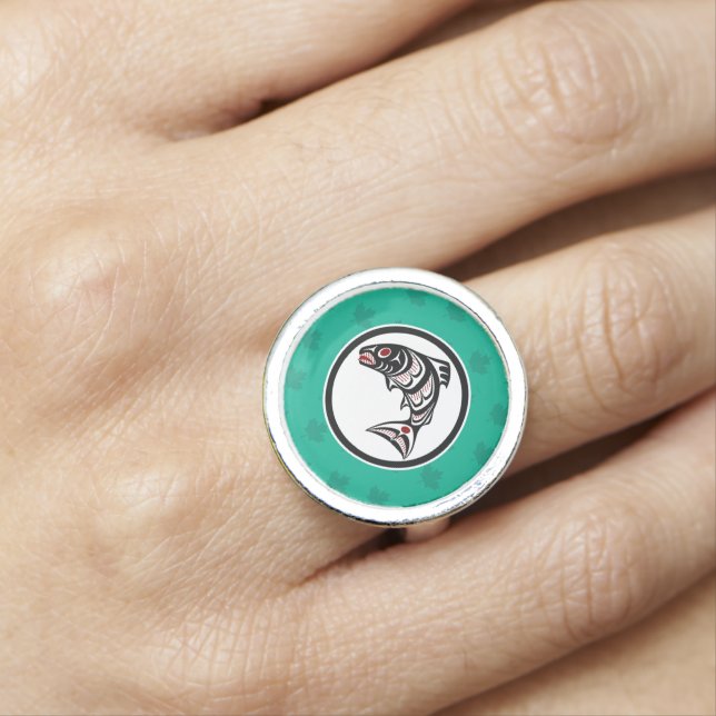 Native American Red Black Green Art Haida Salmon Ring (In Situ)