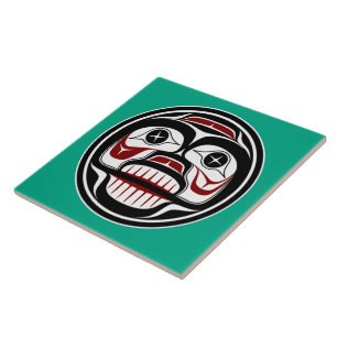 Native American Red Black Green Art Weeping Skull Ceramic Tile