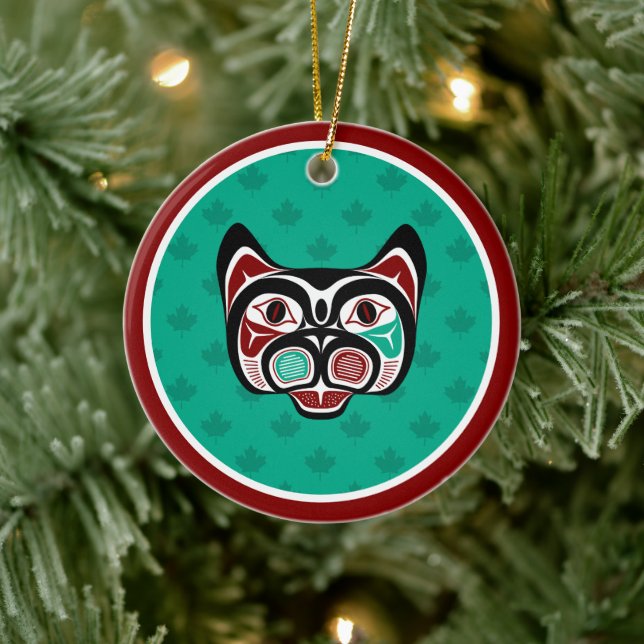 Native American Red Black Green Haida Art Kitty Ceramic Ornament (Tree)