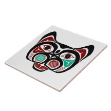 Native American Red Black Green Haida Art Kitty