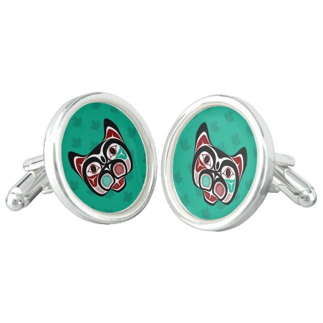 Native American Red Black Green Haida Art Kitty Cufflinks (Angled)