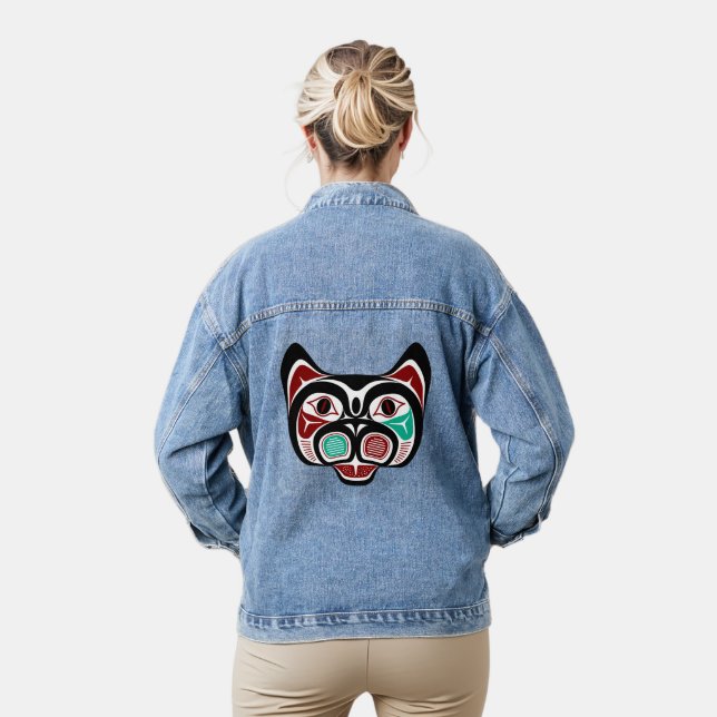 Native American Red Black Green Haida Art Kitty Denim Jacket (Model)