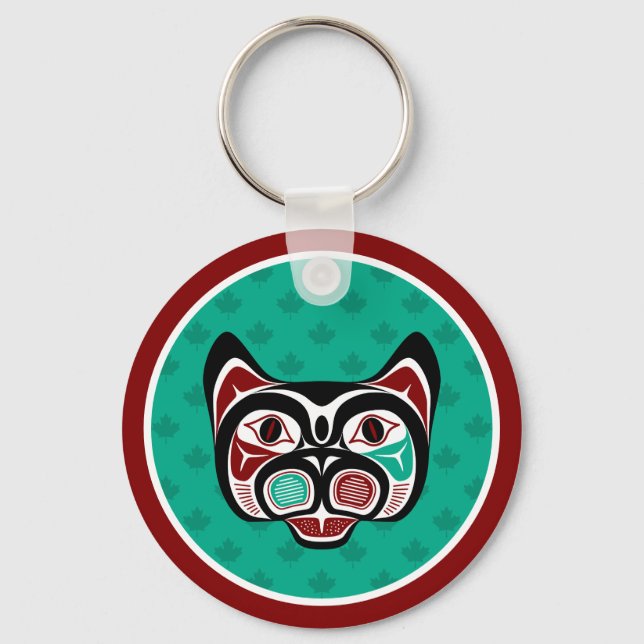 Native American Red Black Green Haida Art Kitty Keychain (Front)