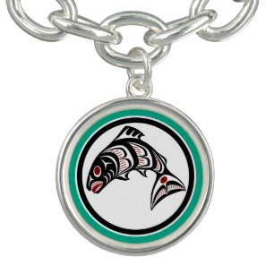 Native American Red Black Green Salmon Haida Art Bracelet