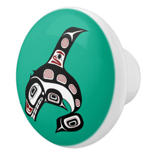 Native American Red Black Haida Art Killer Whale Ceramic Knob