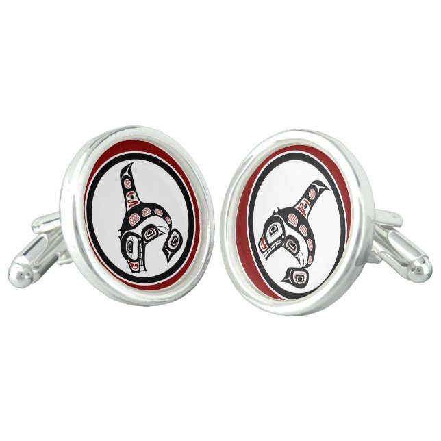 Native American Red Black Haida Art Killer Whale Cufflinks (Angled)