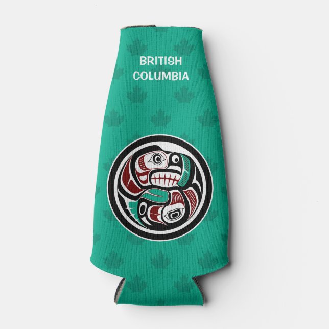 Native American Red Black Haida Art Otter Salmon Bottle Cooler (Front)