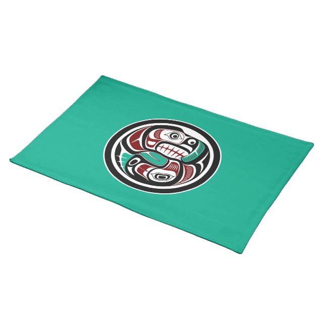 Native American Red Black Haida Art Otter Salmon Cloth Placemat (On Table)
