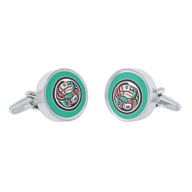 Native American Red Black Haida Art Otter Salmon Cufflinks (Angled)