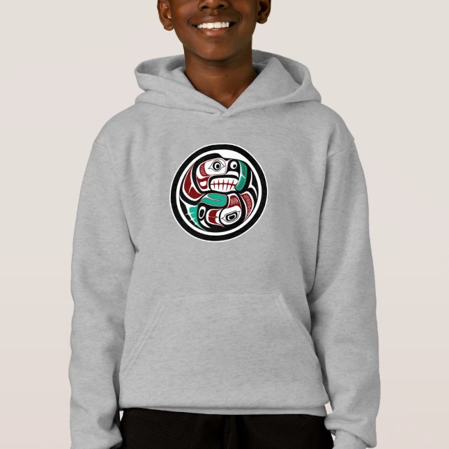 Native American Red Black Haida Art Otter Salmon Hoodie (Front)