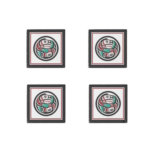 Native American Red Black Haida Art Otter Salmon Stone Magnet (Front)