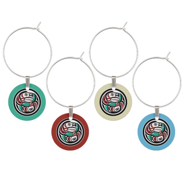 Native American Red Black Haida Art Otter Salmon Wine Charm (Staggered)