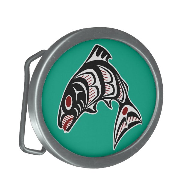 Native American Red Black Haida Art Salmon Belt Buckle (Front Left)