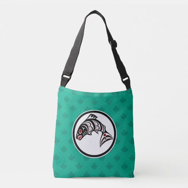 Native American Red Black Haida Art Salmon Crossbody Bag (Front)
