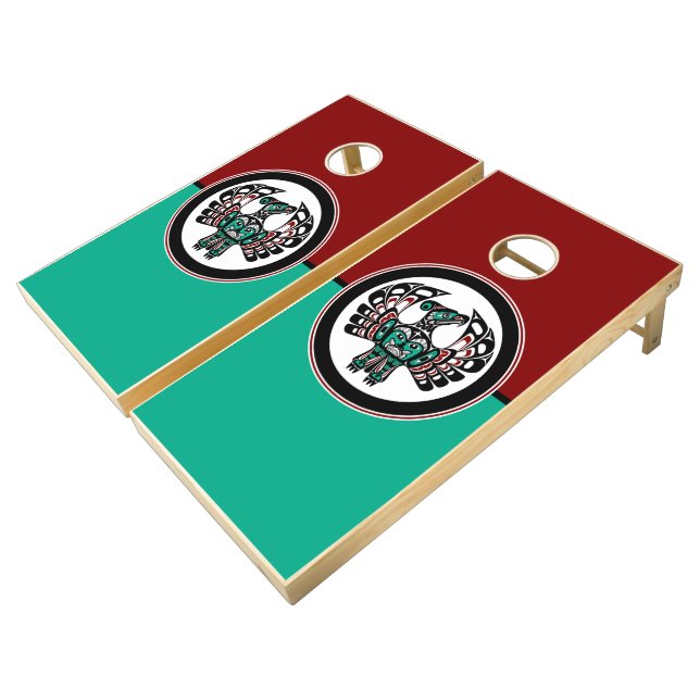 Native American Red Black Haida Art Thunderbird Cornhole Set (Angled)