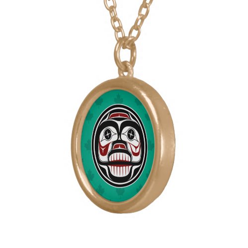 Native American Red Black Haida Art Weeping Skull Gold Plated Necklace