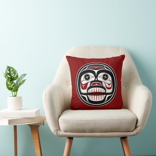 Native American Red Black Haida Art Weeping Skull Throw Pillow (Chair)