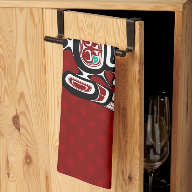 Native American Red Black Kaigani Thunderbird Kitchen Towel (Thirds Fold)