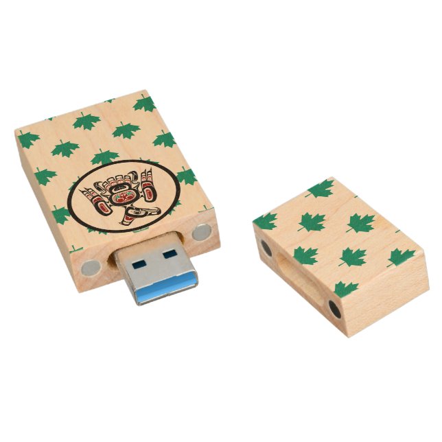 Native American Red Black Kaigani Thunderbird Wood Flash Drive (Angled)