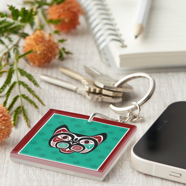 Native American Red Black Vector Art Haida Kitty Keychain (Front Right)