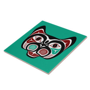 Native American Red Black Vector Art Kitty Ceramic Tile